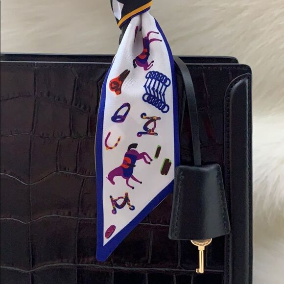 Silk Scarf Checkered Horse Twilly Bandeau Bag Tie - Picture 3 of 7